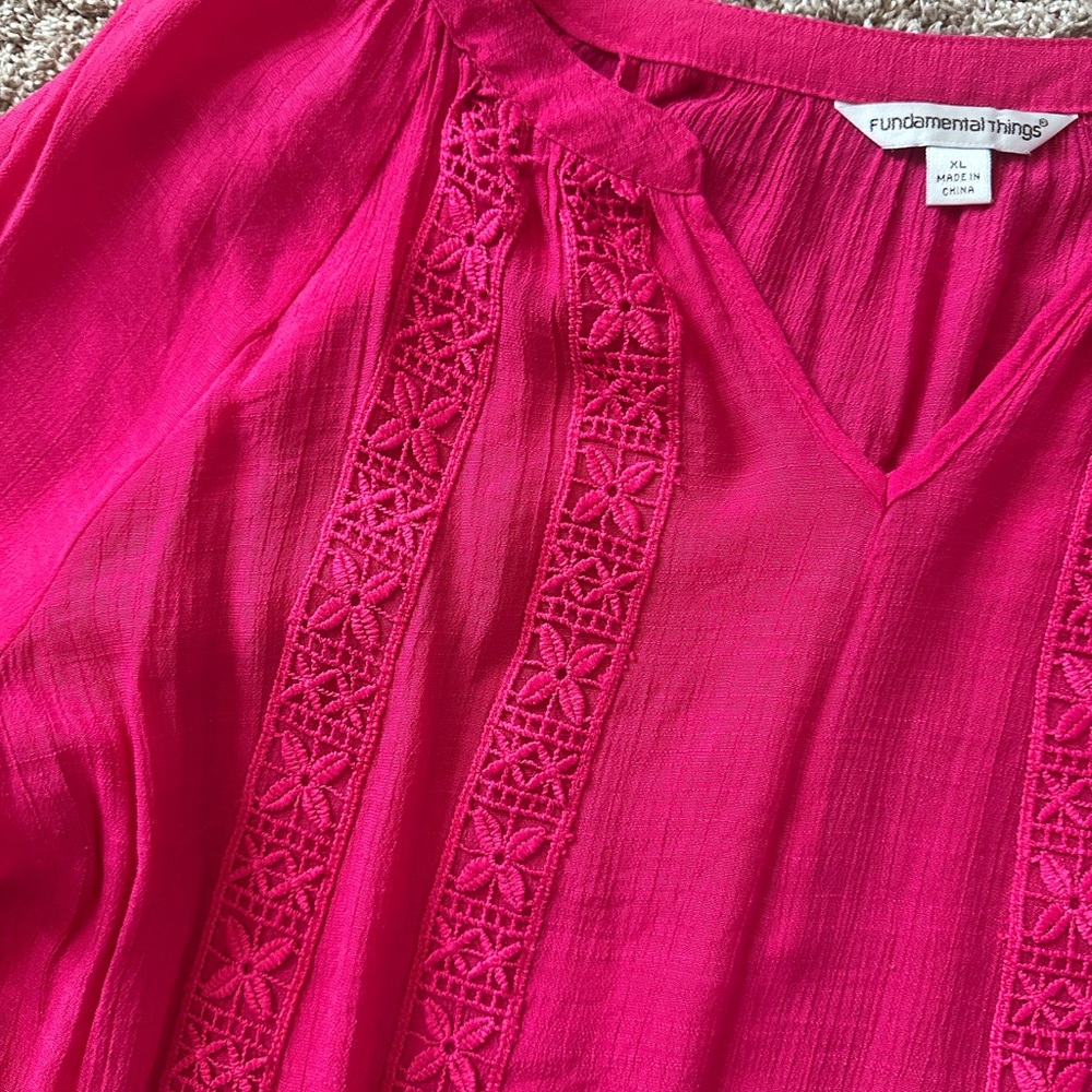 Vibrant Pink Relaxed 3/4 Sleeve Embellished Blouse - Picture 4 of 5